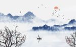 中式树枝意境蓝色山水背景墙