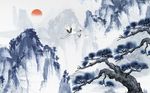 中式蓝色唯美山峦松树飞鹤背景墙