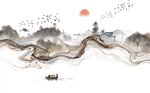 水墨烟丝飞鸟抽象山水背景墙