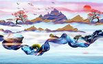 中式唯美抽象创意山水画背景墙