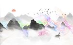 意境水墨山水飞鸟背景墙