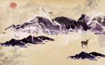 紫色山峦云雾缭绕麋鹿背景墙