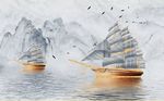 山水风景帆船鸟油画背景墙