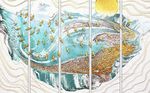 蓝色质感抽象山水飞鸟背景墙