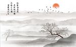 写意烟雾山树飞鸟背景墙