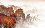中式抽象山水国画红色风景背景墙