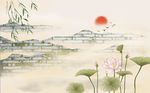淡雅荷花墙纹山水背景墙