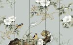 工笔玉兰花鸟水墨山水背景墙