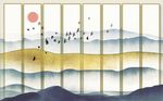 中式手绘山水画水墨金色背景墙