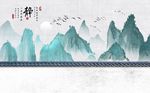 蓝色江南水乡山水背景墙