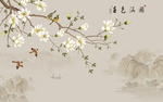 原创春色满园工笔花鸟典雅背景墙
