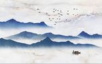 大理石蓝色山水飞鸟背景墙