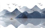 蓝色水墨山水飞鸟倒影背景墙