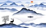 中式水墨鹿抽象山水画背景墙