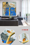 现代金色水发财树麋鹿晶瓷装饰画