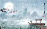 中式古典湖景远山水画