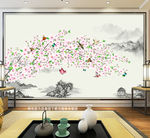 桃花手绘花鸟山水