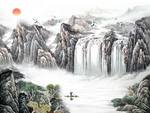 中式水墨画山水天下玄关屏风背景