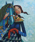 手绘蒙古女人与马