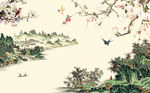 中式山水玉兰花鸟电视背景墙