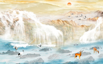 高山瀑布流水大气意境壁画背景墙