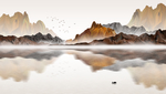 经典彩色暖色调水墨山峰壁画背景