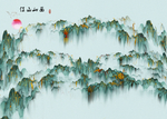 江山如画水墨素描浅绿色壁画
