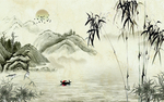 湖边山水意境水墨风格壁画背景墙