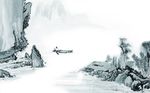 蓝色水墨渔船山水背景墙