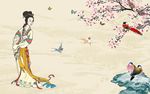 侍女桃花新中式背景墙
