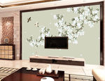 玉兰喜鹊电视背景墙装饰画