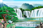 迎客松 流水生财 背景墙