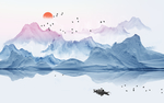 蓝色水墨山水创意新中式玄关屏风