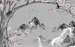 抽象山水树风景花枝油画背景墙