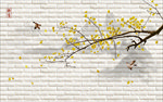 中式白色砖墙银杏树山水背景墙