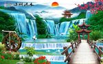 小桥流水人家写实山水画背景墙壁