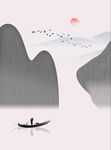 极简抽象手绘山水小船风景装饰画