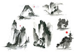 国风日系水墨画手绘山水矢量素材