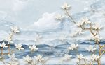 蓝色清新大海花枝浮雕背景墙
