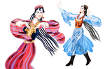手绘新疆姑娘跳舞