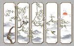 现代手绘花鸟水墨山水背景墙