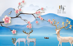 山水麋鹿浮雕背景墙装饰画