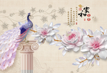 家和富贵玫瑰孔雀浮雕背景墙