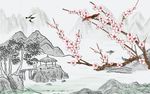 江南烟雨山水梅花彩雕背景墙