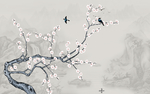 新中式手绘梅花工笔花鸟分层背景