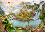 油画山水背景墙图聚宝盆