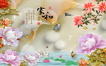 家和富贵牡丹天鹅玉雕背景墙