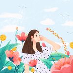 插画 女孩 花朵