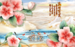 花开富贵天鹅九鱼浮雕花卉背景墙