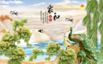 家和富贵孔雀牡丹大理石背景墙